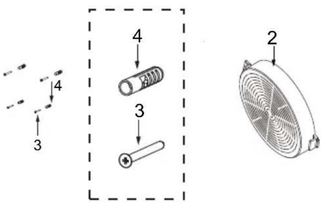 Technical diagram showing exploded view of components with numbered labels and a fan-shaped inset image.