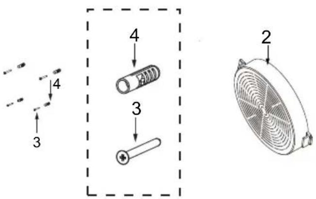 Technical diagram showing exploded view of components with numbered labels and a fan-shaped inset image.