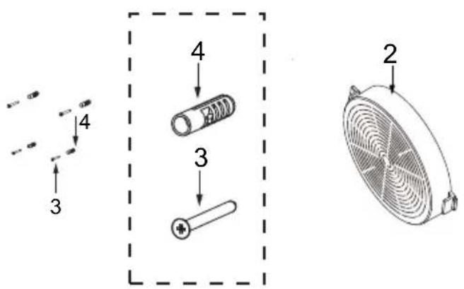 Technical diagram showing exploded view of components with numbered labels and a fan-shaped component illustration.