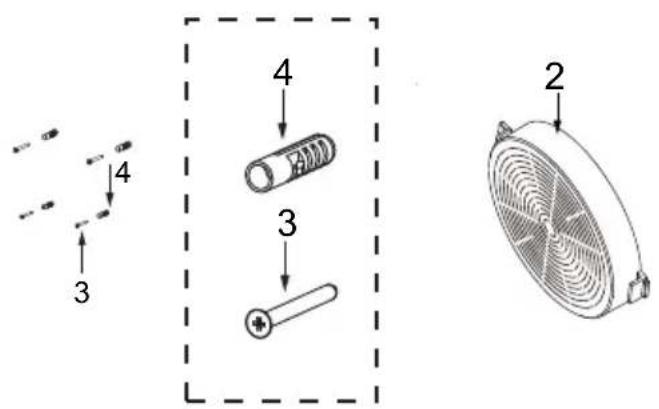 Technical diagram showing exploded view of a fan with labeled parts including battery, coil, and fan blade