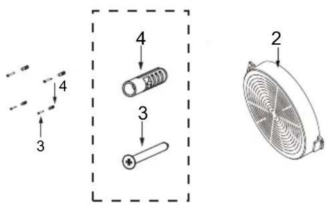 Technical diagram showing labeled components of a fan or motor, including parts 2, 3, and 4 with directional arrows.
