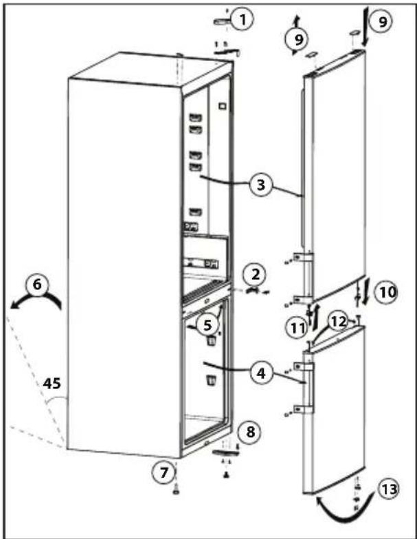 Technical diagram of an appliance refrigerator with numbered components and directional arrows indicating movement or assembly.