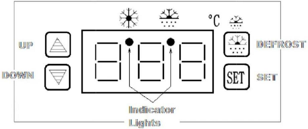 UP DOWN 8:18:18 °C DEFROST SET Indicator Lights