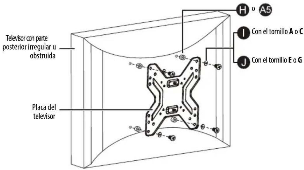 Television con parte posterior irregular u obstruida Placa del television H o A5 I Con el tornillo A o C J Con el tornillo E o G