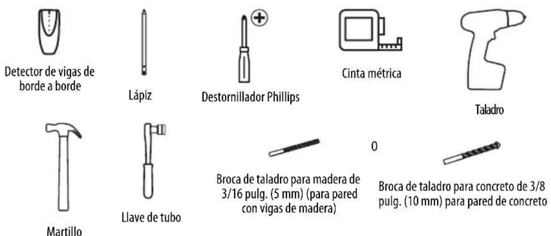 Detector de vigas de borde a borde Lápiz Destornillador Phillips Cinta métrica Taladro Martillo Llave de tubo Broca de taladro para madera de 3/16 pulg. (5 mm) (para pared con vigas de madera) 0 Broca de taladro para concreto de 3/8 pulg. (10 mm) para pared de concreto