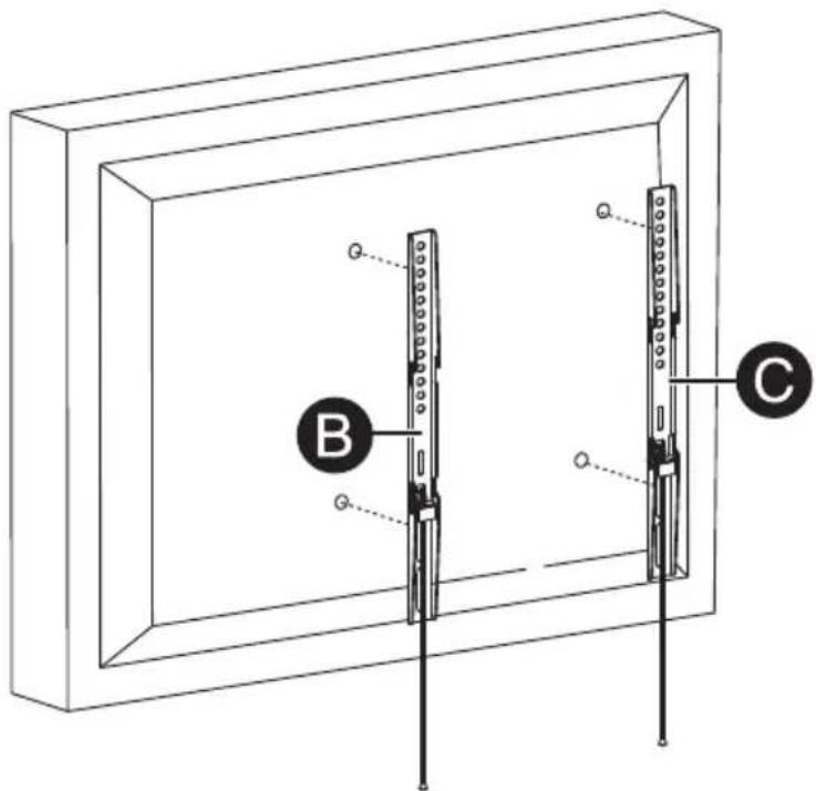 Technical diagram of a wall-mounted device with labeled components B and C, showing structural connections and mounting points.