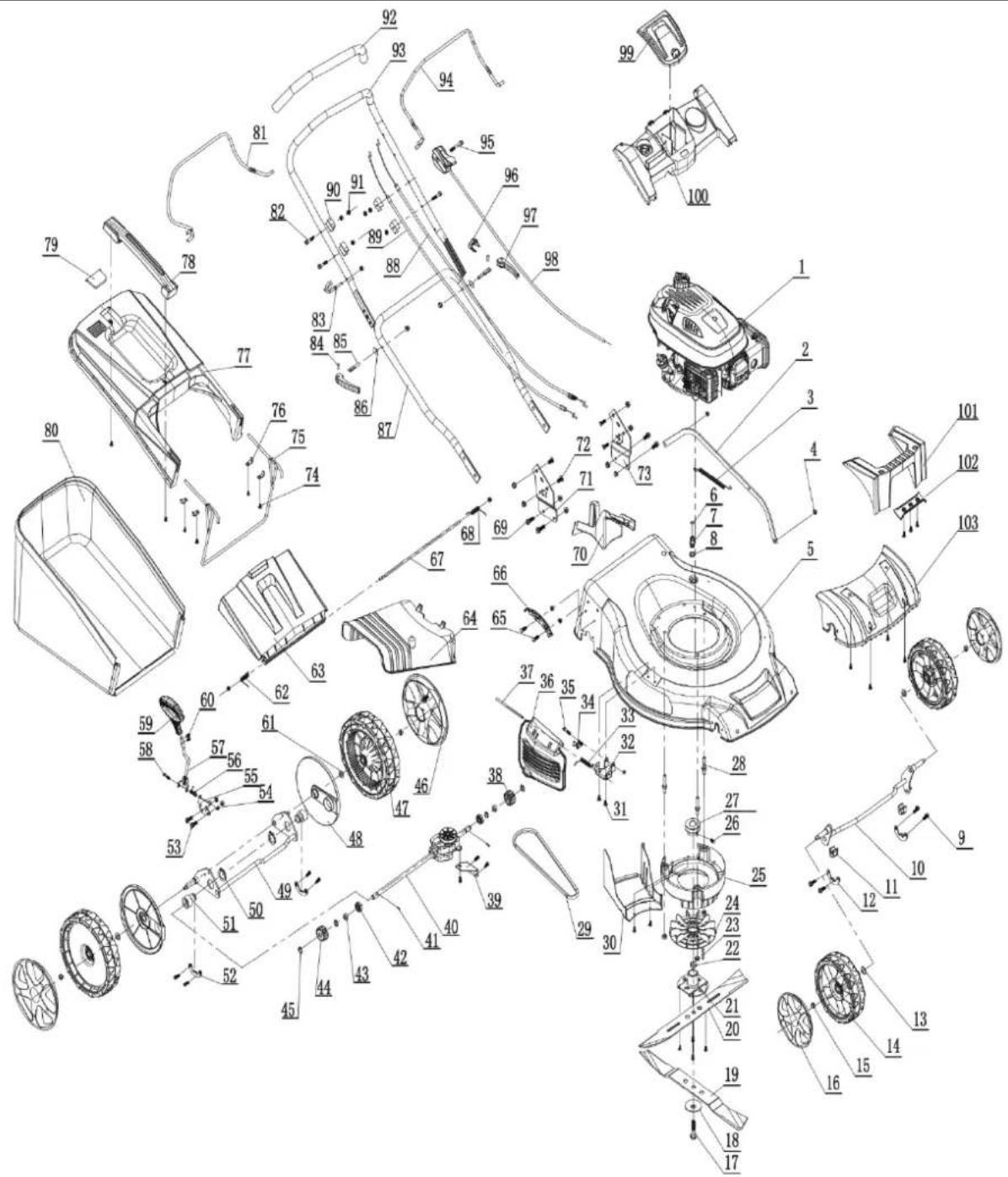 Exploded view diagram of a robotic device with numbered parts for identification and assembly reference.