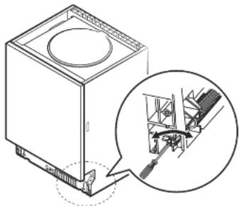 Technical line drawing of a washing machine with an inset close-up showing internal components (no text or symbols)