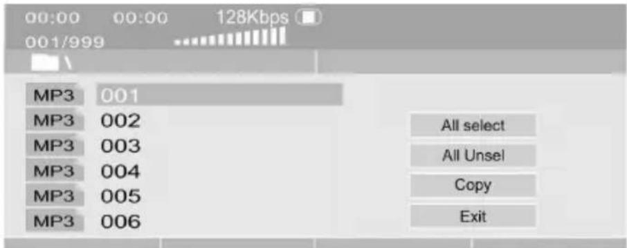 00:00 00:00 128Kbps 001/999 MP3 001 MP3 002 MP3 003 MP3 004 MP3 005 MP3 006 All select All Unsel Copy Exit
