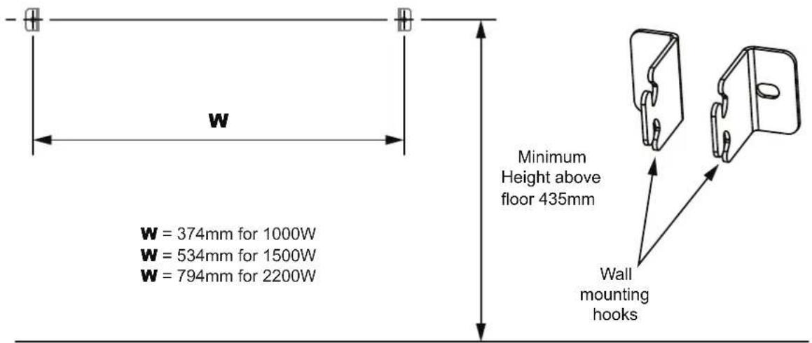 W W = 374mm for 1000W W = 534mm for 1500W W = 794mm for 2200W Minimum Height above floor 435mm Wall mounting hooks