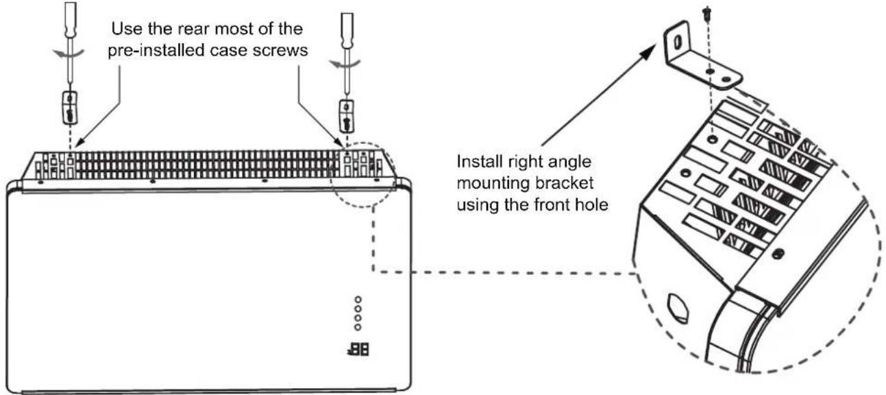 Use the rear most of the pre-installed case screws Install right angle mounting bracket using the front hole