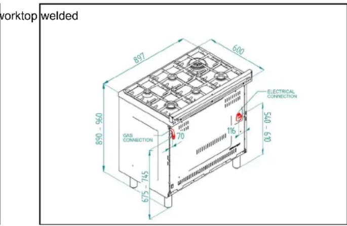 worktop welded 897 600 890 - 960 GAS CONNECTION 70 16 540 - 610 675 - 745 ELECTRICAL CONNECTION