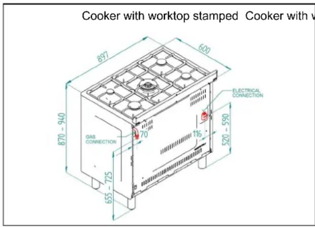Cooker with worktop stamped Cooker with v 897 500 870 - 940 70 GAS CONNECTION 116 520 - 590 655 - 725