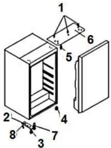 Technical diagram of a refrigerator with numbered parts for identification