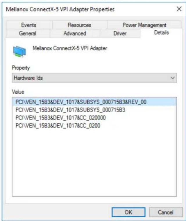 Mellanox ConnectX-5 VPI Adapter Properties Events Resources Power Management General Advanced Driver Details Mellanox ConnectX-5 VPI Adapter Property Hardware Ids Value PCI\VEN_15B3&DEV_1017&SUBSYS_000715B3&REV_00 PCI\VEN_15B3&DEV_1017&SUBSYS_000715B3 PCI\VEN_15B3&DEV_1017&CC_020000 PCI\VEN_15B3&DEV_1017&CC_0200 OK Cancel