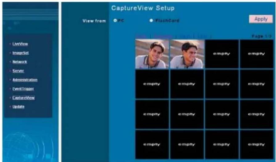 CaptureView Setup View from • PC • FlashCard Apply Page 1-3 • View • ImageSet • Network • Server • Administration • Event Trigger • CaptureView • Update