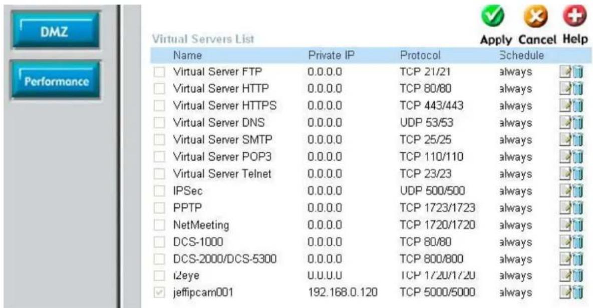 Virtual Servers List Apply Cancel Help Name Private IP Protocol Schedule Virtual Server FTP 0.0.0.0 TCP 21/21 always Virtual Server HTTP 0.0.0.0 TCP 80/80 always Virtual Server HTTPS 0.0.0.0 TCP 443/443 always Virtual Server DNS 0.0.0.0 UDP 53/53 always Virtual Server SMTP 0.0.0.0 TCP 25/25 always V…