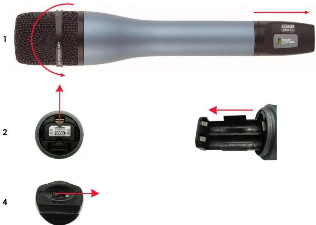 1 JF Wireless Mic 2 PUSH 3 4 DVO DVO POWER LOW BATT.