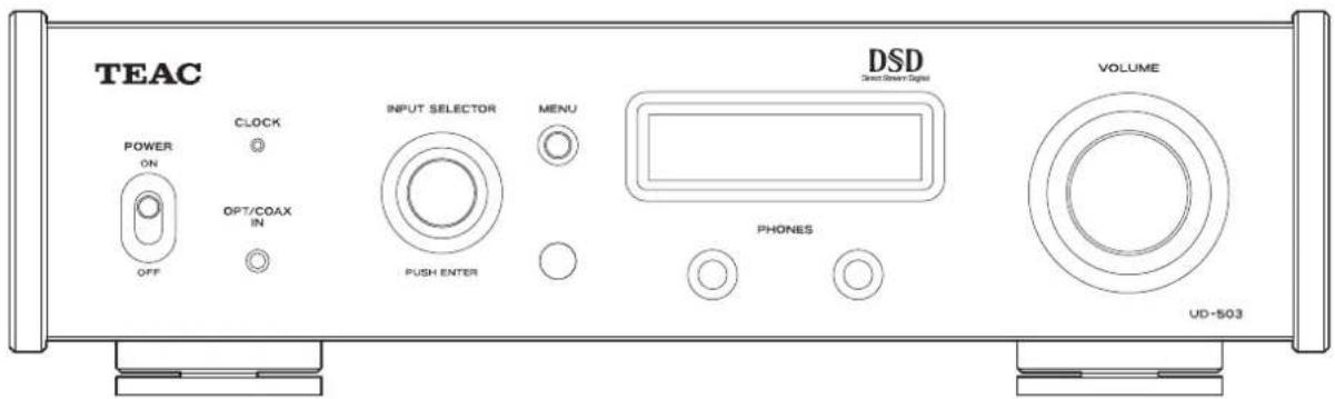 TEAC DSD Direct Driver Signal VOLUME POWER ON CLOCK OPT/COAX IN OFF INPUT SELECTOR MENU PHUSH ENTER PHONES UD-503