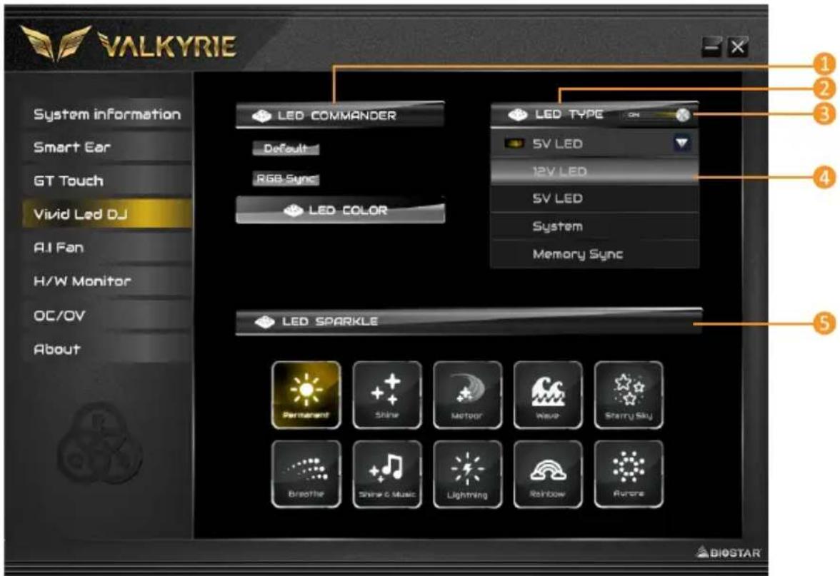 VALKYRIE System information Smart Ear GT Touch Vivid Led DJ AI Fan H/W Monitor OC/OV About LED COMMANDER Default RGB Sync LED COLOR LED TYPE ON SV LED 12V LED SV LED System Memory Sync LED SPARKLE Permanent Shine Motor Wave Starry Sky Breathe Shine & Music Lightning Rainbow Aurora ① ② ③ ④ ⑤ BIOSTAR