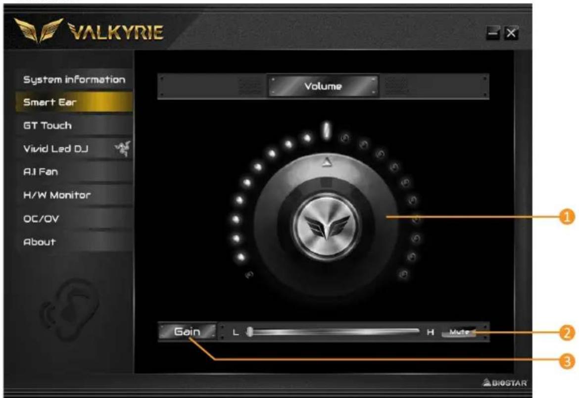 VALKYRIE Volume System information Smart Ear GT Touch Vivid Led DJ AI Fan H/W Monitor OC/OV About Gain L H Mute 1 2 3 BIOSTAR