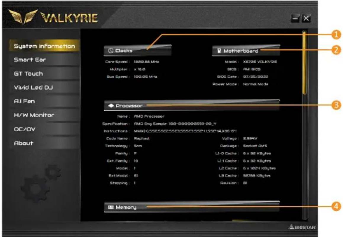 VALKYRIE System information Smart Ear GT Touch Vivid Led DJ AI Fan H/W Monitor OC/OV About Clocks Core Speed: 1820.88 MHz Multiplier: x 16.0 Bus Speed: 102.85 MHz Motherboard Model: X672E VALKYRIE BIOS: AMI BIOS BIOS Date: 07/25/2022 Power Mode: Normal Mode Processor Name: AMD Processor Specification: AMD Eng Sample 100-000000593-20_Y Instructions: MMX(1).55E.SS255E3.SS5E3.SSEYLSSEYAX86-61 Code Name: Raphael Voltage: 0.594V Technology: Sms Package: Socket AMS Family: F L1-D Cache: 6 x 32 KBytes Ext. Family: 19 L1-I Cache: 6 x 32 KBytes Model: I L2 Cache: 6 x 1024 KBytes Ext.Model: 61 L3 Cache: 92768 KBytes Stepping: I Revision: BI 88 Memory 1 2 3 4 BIOSTAR
