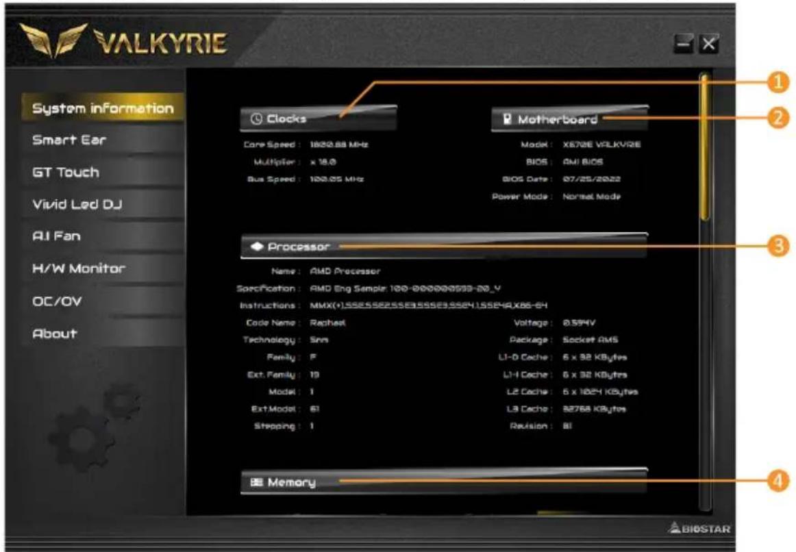 VALKYRIE System information Smart Ear GT Touch Vivid Led DJ AI Fan H/W Monitor OC/OV About Clocks Core Speed: 1800.88 MHz Multiplier: x 18.0 Bus Speed: 100.05 MHz Motherboard Model: X678E VALKYRIE BIOS: ANI BIOS BIOS Date: 07/25/2022 Power Mode: Normal Mode Processor Name: AMD Processor Specification: AMD Eng Sample: 100-00000000-20_Y Instructions: MMX(+)55555555555555555555555555555555555555555555555555555555555555555555555 Code Name: Rechart Technology: Sims Family: F Ext. Family: 19 Model: I Ext.Model: 61 Stepping: I Voltage: 0.59HV Package: Socket AMS L1-D Cache: 6 x 32 KBytes L1-H Cache: 6 x 32 KBytes L2 Cache: 6 x 1024 KBytes L3 Cache: 92768 KBytes Revision: BI Memory ① ② ③ ④