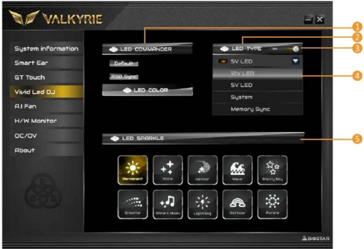 VALKYRIE System information Smart Ear GT Touch Vivid Led DJ AI Fan H/W Monitor OC/OV About LED COMMANDER Default RGB Sync LED COLOR LED TYPE ON 5V LED 12V LED 5V LED System Memory Sync LED SPARKLE Permanent Shiny Motor Wave Starry Sky Breathe Shiny & Music Lightning Rainbow Aurora BIOSTAR