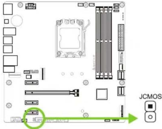 Diagram of a computer motherboard with labeled components and a highlighted connection point, including JCMOS indicator.