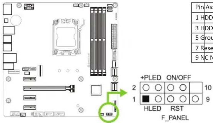 Pin Ass 1 HDD 3 HDD 5 Grou 7 Rese 9 NC N +PLED ON/OFF 2 ○ ○ ○ ○ 10 1 ■ ○ ○ ○ ○ 9 HLED RST F_PANEL