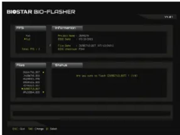 BIOSTAR BIO-FLASHER V4.01 PPS Info: File File1 Total PFS: 2 Information Project Name : ZENZEN 8356 Date : 01/03/2021 File Date : ZENZEN13.BST /07/03/2021 836 checkup FWS Pays Status Irs you sure to flash (ZENZEN13.BST) : 1 (V) OSC - Out SAD - Change B : Select