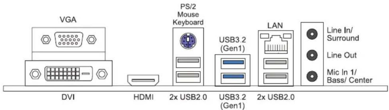 VGA DVI HDMI PS/2 Mouse Keyboard 2x USB2.0 USB3.2 (Gen1) LAN 2x USB2.0 Line In/ Surround Line Out Mic In 1/ Bass/ Center