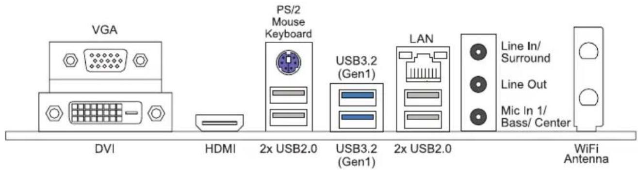 VGA DVI HDMI PS/2 Mouse Keyboard 2x USB2.0 USB3.2 (Gen1) LAN 2x USB2.0 Line In/ Surround Line Out Mic In 1/ Bass/ Center WiFi Antenna