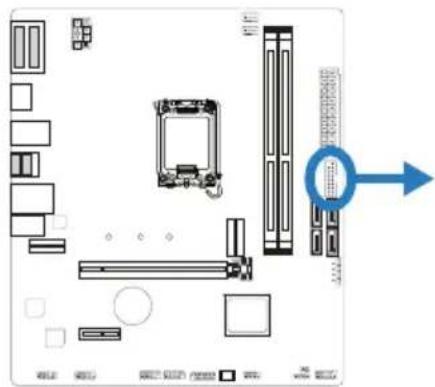 Diagram of a computer motherboard layout with labeled components and directional arrow indicating orientation