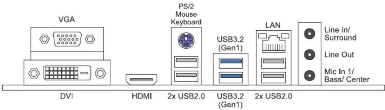 VGA DVI HDMI PS/2 Mouse Keyboard 2x USB2.0 USB3.2 (Gen1) LAN 2x USB2.0 Line In/ Surround Line Out Mic In 1/ Bass/ Center