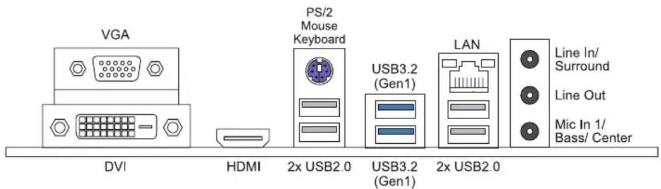 VGA DVI HDMI PS/2 Mouse Keyboard 2x USB2.0 USB3.2 (Gen1) LAN 2x USB2.0 Line In/ Surround Line Out Mic In 1/ Bass/ Center