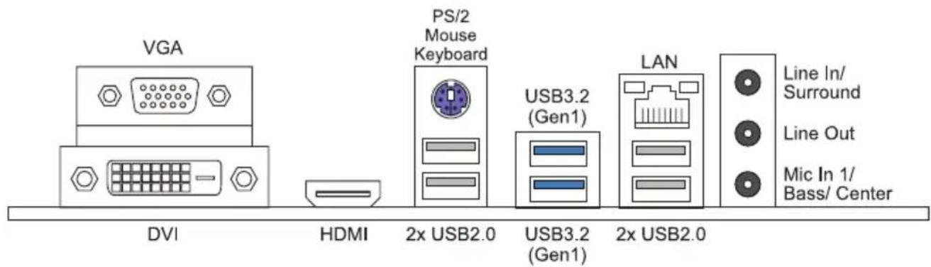 VGA DVI HDMI PS/2 Mouse Keyboard 2x USB2.0 USB3.2 (Gen1) LAN 2x USB2.0 Line In/ Surround Line Out Mic In 1/ Bass/ Center