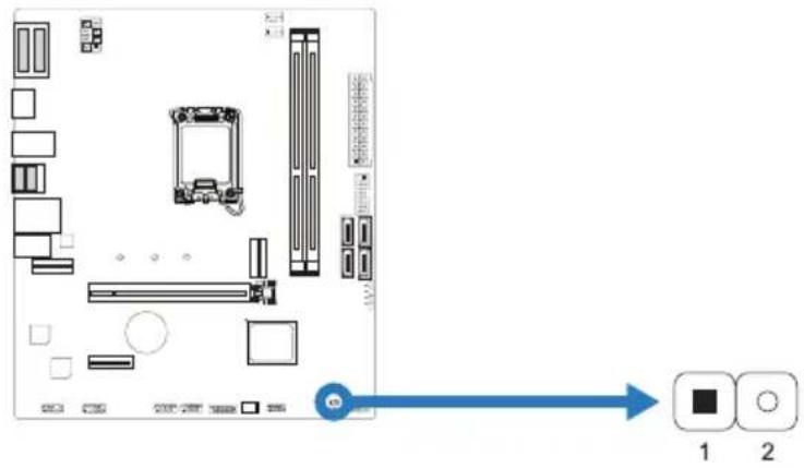 Diagram of a computer motherboard with labeled components and directional arrow pointing to two labeled buttons 1 and 2.