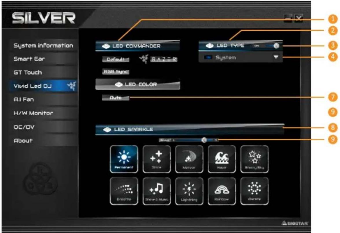 SILVER System information Smart Ear GT Touch Vivid Led DJ AI Fan H/W Monitor OC/OV About LED COMMANDER Default RAZER RGB Sync LED COLOR Auto LED SPARKLE LED TYPE System Permanent Shiny Motor Wave Sterry Sky Breathe Shiny & Music Lightning Rainbow Aurora 1 2 3 4 7 9 8 9 ▲BIOSTAR