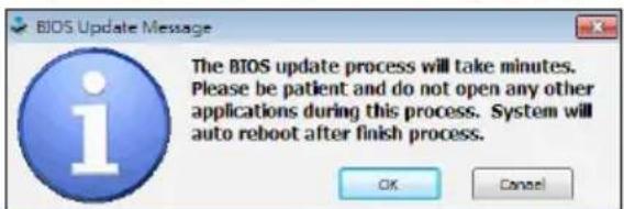 BIOS Update Message The BIOS update process will take minutes. Please be patient and do not open any other applications during this process. System will auto reboot after finish process. OK Cancel