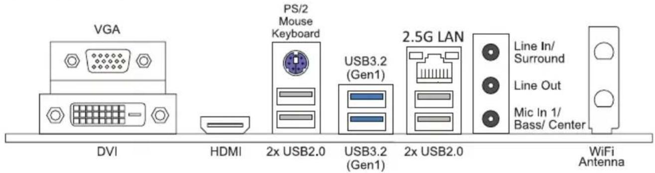 VGA DVI HDMI PS/2 Mouse Keyboard 2x USB2.0 USB3.2 (Gen1) 2.5G LAN USB3.2 (Gen1) 2x USB2.0 Line In/ Surround Line Out Mic In 1/ Bass/ Center WiFi Antenna