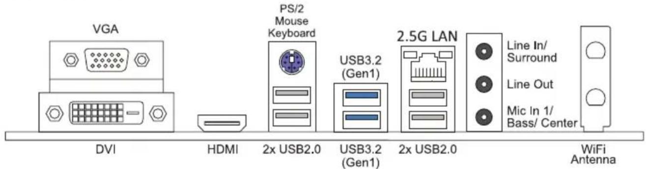 VGA DVI HDMI PS/2 Mouse Keyboard 2x USB2.0 USB3.2 (Gen1) 2.5G LAN USB3.2 (Gen1) 2x USB2.0 Line In/ Surround Line Out Mic In 1/ Bass/ Center WiFi Antenna