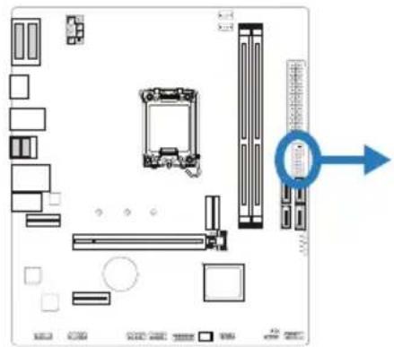 Diagram of a computer motherboard layout with labeled components and directional arrow indicating orientation