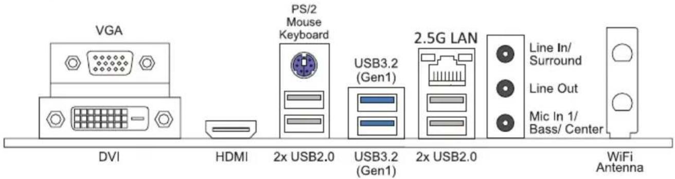 VGA DVI HDMI PS/2 Mouse Keyboard 2x USB2.0 USB3.2 (Gen1) 2.5G LAN USB3.2 (Gen1) 2x USB2.0 Line In/ Surround Line Out Mic In 1/ Bass/ Center WiFi Antenna