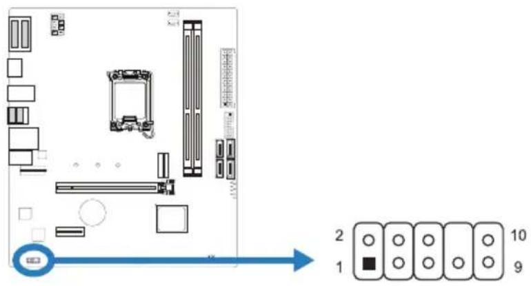 Diagram of a computer motherboard layout with labeled components and a corresponding diagram showing 10 numbered slots.