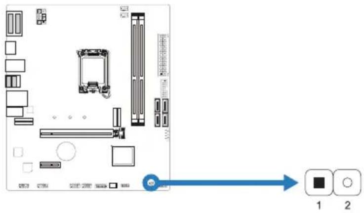 Diagram of a computer motherboard layout with labeled components and directional arrow pointing to two labeled buttons.