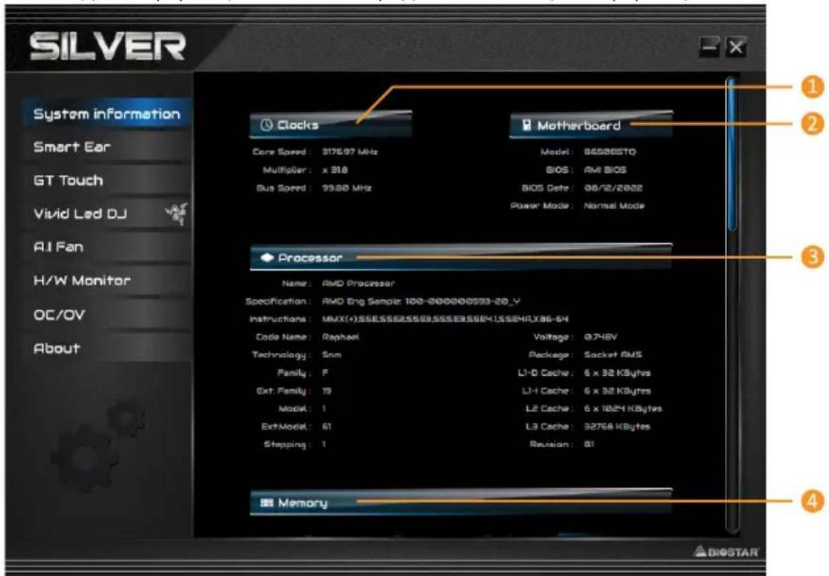 SILVER System information Smart Ear GT Touch Vivid Led DJ AI Fan H/W Monitor OC/OV About Clocks Core Speed: 3176.97 MHz Multiplier: x 318 Bus Speed: 29.80 MHz Motherboard Model: 8553ESTQ BIOS: AM BIOS BIOS Date: 08/12/2022 Power Mode: Normal Mode Processor Name: AMD Processor Specification: AMD Eng Sample: 100-000000593-20_Y Instructions: MMX(+)SSSESSS2SSS3SSSE3SS6Y1SS6YA,X86-84 Code Name: Raphael Voltage: 0.746V Technology: Snn Package: Socket AMS Family: F L1-D Cache: 6 x 32 KBytes Ext. Family: 79 L1-I Cache: 6 x 32 KBytes Model: 1 L2 Cache: 6 x 1024 KBytes Ext Model: 61 L3 Cache: 32758 KBytes Stepping: 1 Revision: 61 Memory ① ② ③ ④ ⑦ BIOSTAR