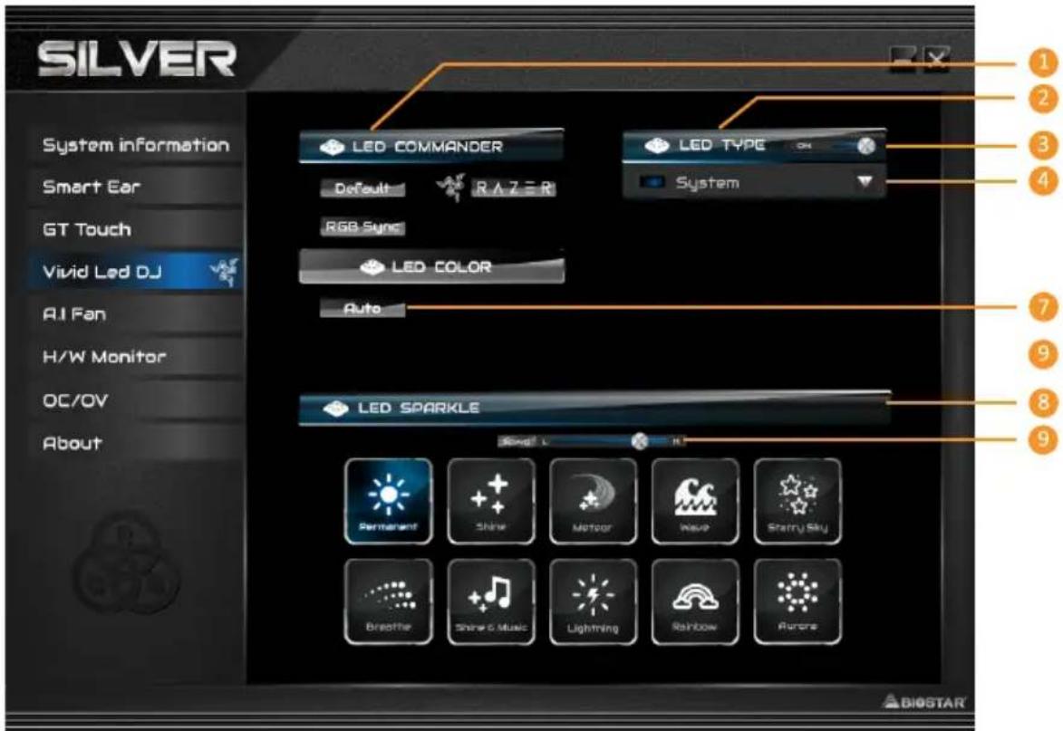 SILVER System information Smart Ear GT Touch Vivid Led DJ AI Fan H/W Monitor OC/OV About LED COMMANDER Default RAZER RGB Sync LED COLOR Auto LED SPARKLE 1 2 3 4 7 9 8 9 Long? L H. Permanent Shire Motor Wear Strarry Sky Breathe Show & Music Lightning Rainbow Aurora BIOSTAR