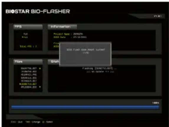 BIOSTAR BIO-FLASHER PPS File +1 Total PFS: 2 Information Project Set : ZENECTO DSS Data : 07/23/2021 File AIDS BSC Flash Core Reset Utility (1/8) Flashing [ZENECTO.BST] ... 100% Off (Data: 01.1.00) Status Path BSCW760_BST JNIEC760_BST K5J8N421_PNS DOF4022_BST K5J8N426_BST K5J8N426_BST APL0304_BST 100% CDD Quit YAD Change E Select