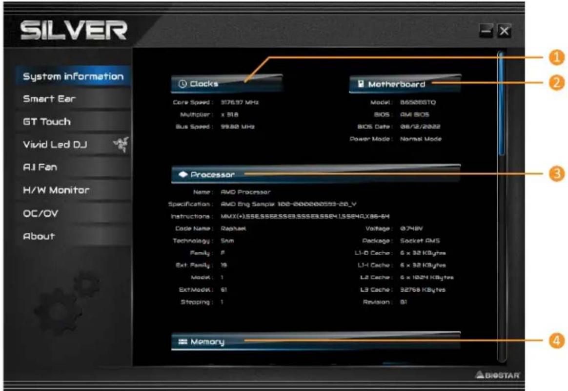SILVER System information Smart Ear GT Touch Vivid Led DJ AI Fan H/W Monitor OC/OV About Clocks Core Speed: 3176.97 MHz Multiplier: x 818 Bus Speed: 99.80 MHz Motherboard Model: B5526GTQ BIOS: AM BIOS BIOS Date: 08/12/2022 Power Mode: Normal Mode Processor Name: AMD Processor Specification: AMD Eng Sample 100-000000553-20_V Instructions: MMX(+)SSSESSSE2SSSE3SSSE3SSSE4LSSE40X86-64 Code Name: Raphael Voltage: @748V Technology: Snn Package: Socket DNS Family: F L1-D Cache: 6 x 32 KBytes Ext Family: 18 L1-H Cache: 6 x 32 KBytes Model: 1 L2 Cache: 6 x 1024 KBytes ExtMode: 61 L3 Cache: 32768 KBytes Stepping: 1 Revision: B1 Memory ① ② ③ ④ BIOSTAR